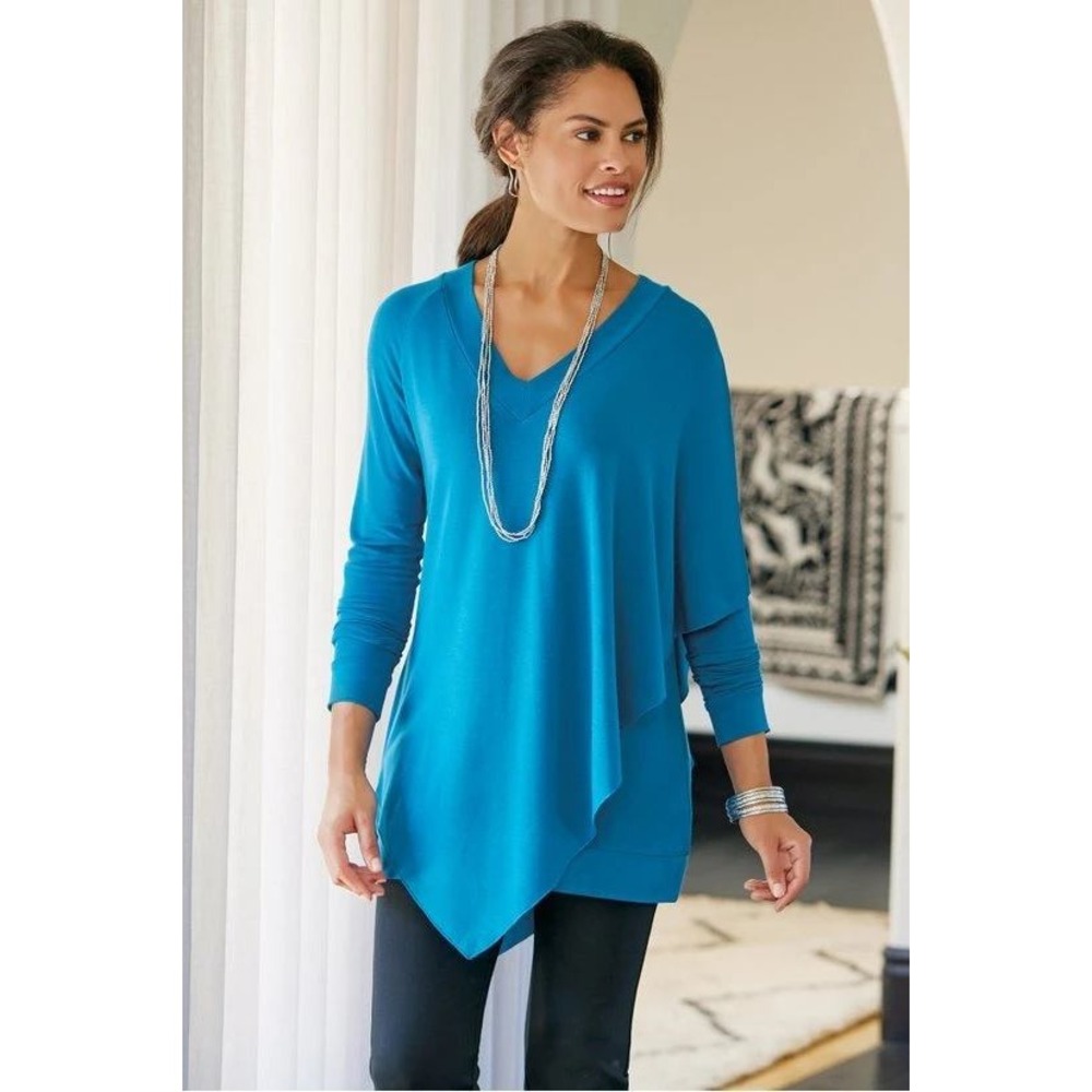 Soft Surroundings Madeline Tunic XL Mykonos Blue Asymmetrical V-Neck Coastal EUC
